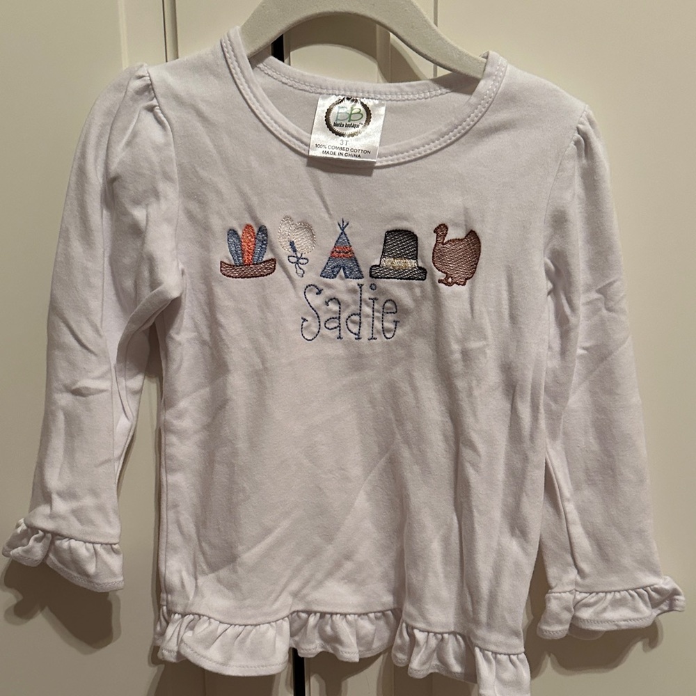 3T Thanksgiving Embroidered Sadie White Kids Shirt with Embroidered Design